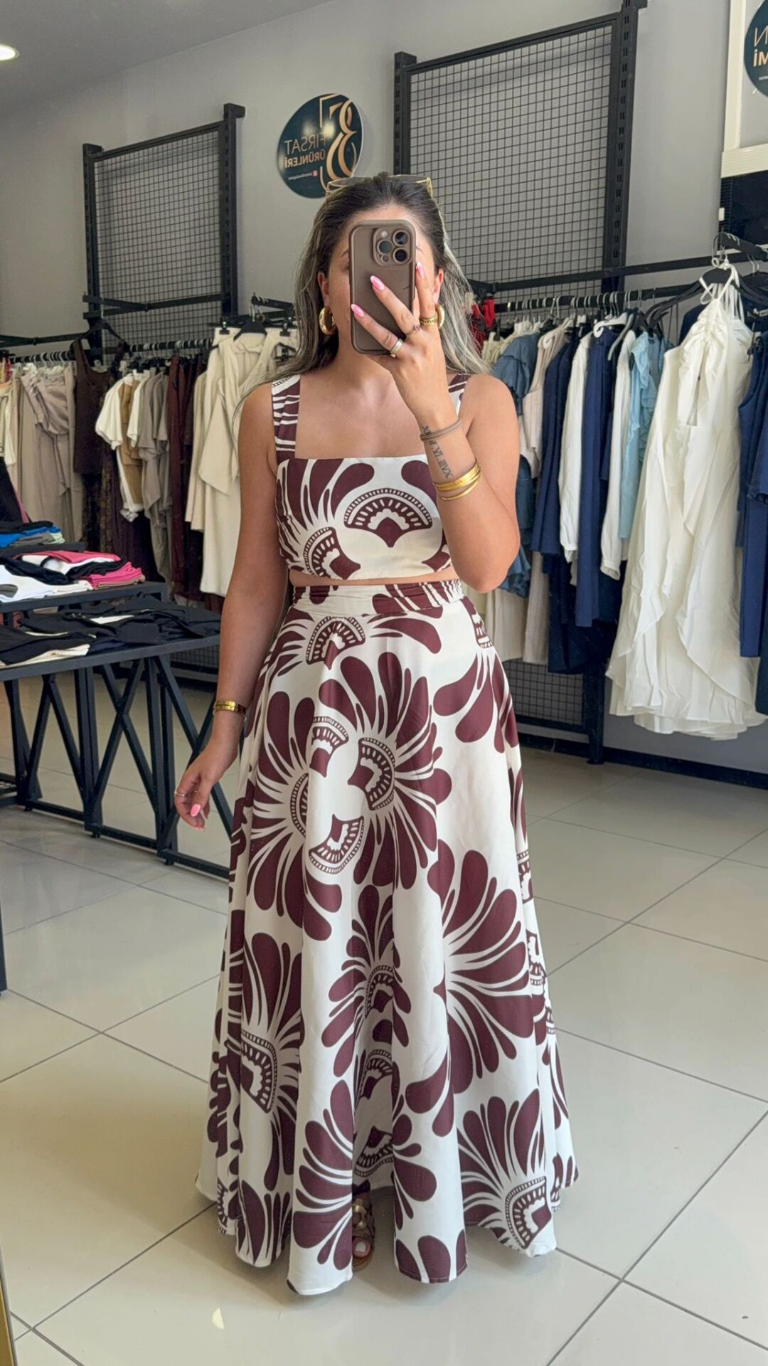 Kahverengi Desenli Crop Bluz Etek Takım