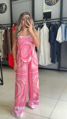 Desenli Saten Pantolon Takım