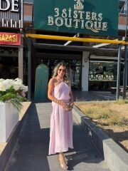 Pembe Vual Kumaş Kimonolu Üçlü Takım