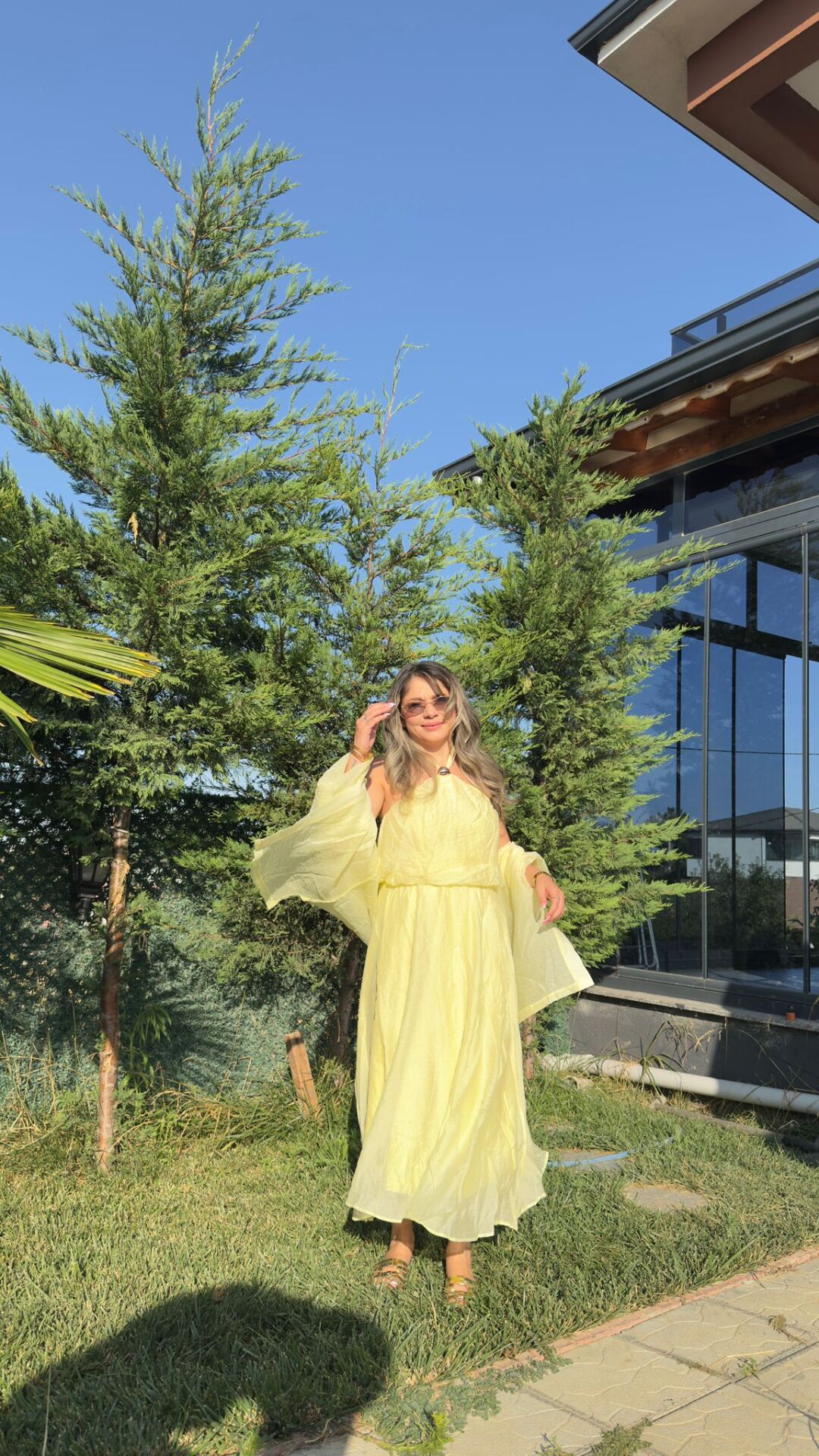 Sarı Vual Kumaş Kimonolu Üçlü Takım