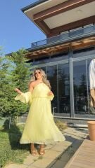 Sarı Vual Kumaş Kimonolu Üçlü Takım