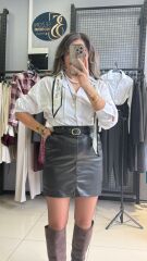 Kendinden Kemerli İçi Şortlu Deri Etek