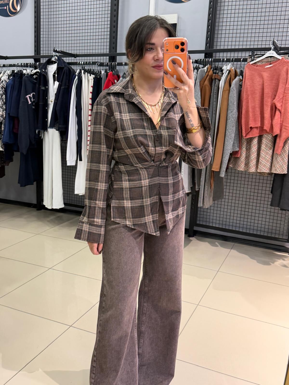 Ekose Belden Baglamalı Gömlek-KAHVE