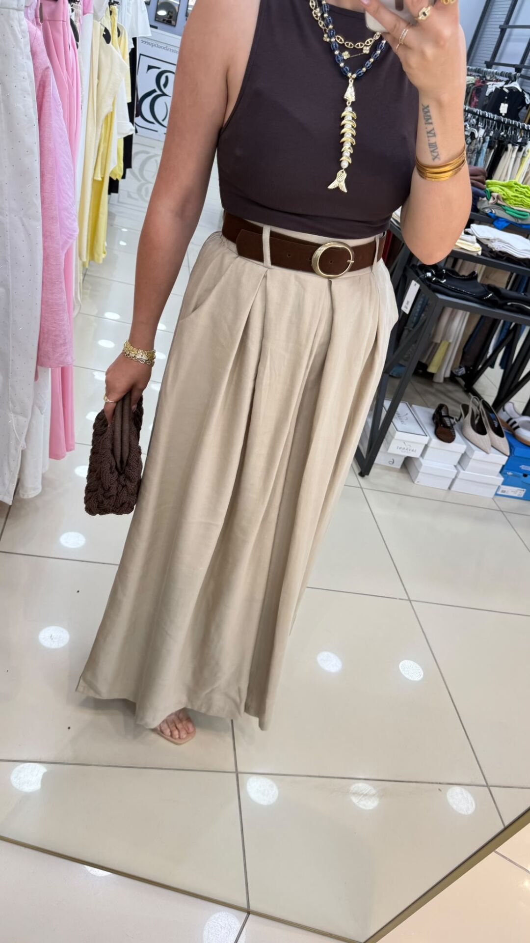 Kemerli Etek Pantolon-VİZON