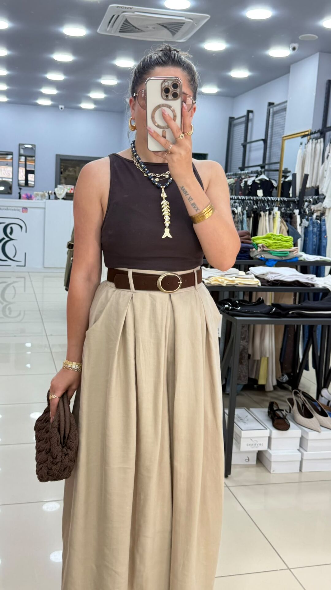 Kemerli Etek Pantolon-VİZON