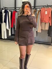 İki Parça Tasarım Elbise-KAHVE