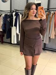 İki Parça Tasarım Elbise-KAHVE