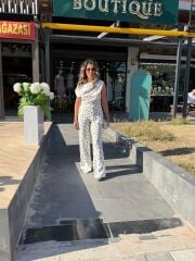 Beyaz Puantiye Desenli Saten Pantolon Takım