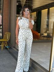 Beyaz Puantiye Desenli Saten Pantolon Takım