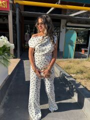 Beyaz Puantiye Desenli Saten Pantolon Takım