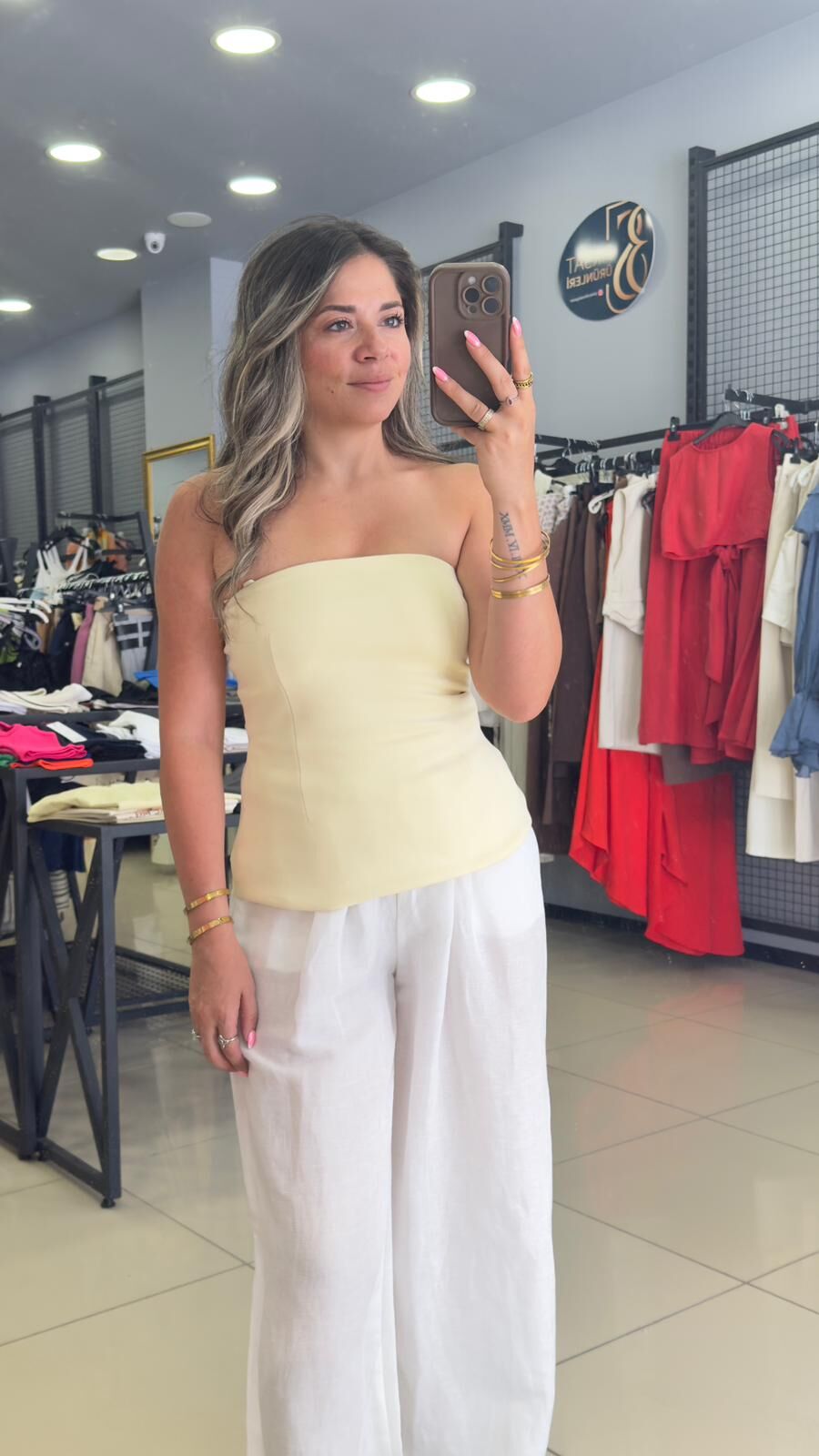 Sarı Straplez Triko Bluz