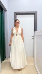 Helen Drapali Sırt Detaylı Maxi Elbise-Ekru