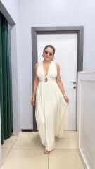 Helen Drapali Sırt Detaylı Maxi Elbise-Ekru