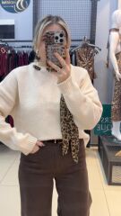 Kendinden Leopar Fular Detaylı Kazak-BEJ