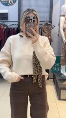 Kendinden Leopar Fular Detaylı Kazak-BEJ