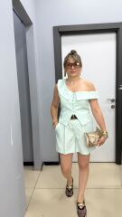 Omuz düşük Yelekli Şortlu Takım-Su Yeşili
