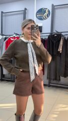 Fular Detaylı Bisiklet Yaka Kazak-KAHVE