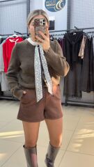 Fular Detaylı Bisiklet Yaka Kazak-KAHVE