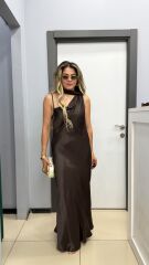 Saten Şal Detaylı Elbise -Kahve