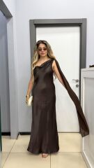 Saten Şal Detaylı Elbise -Kahve