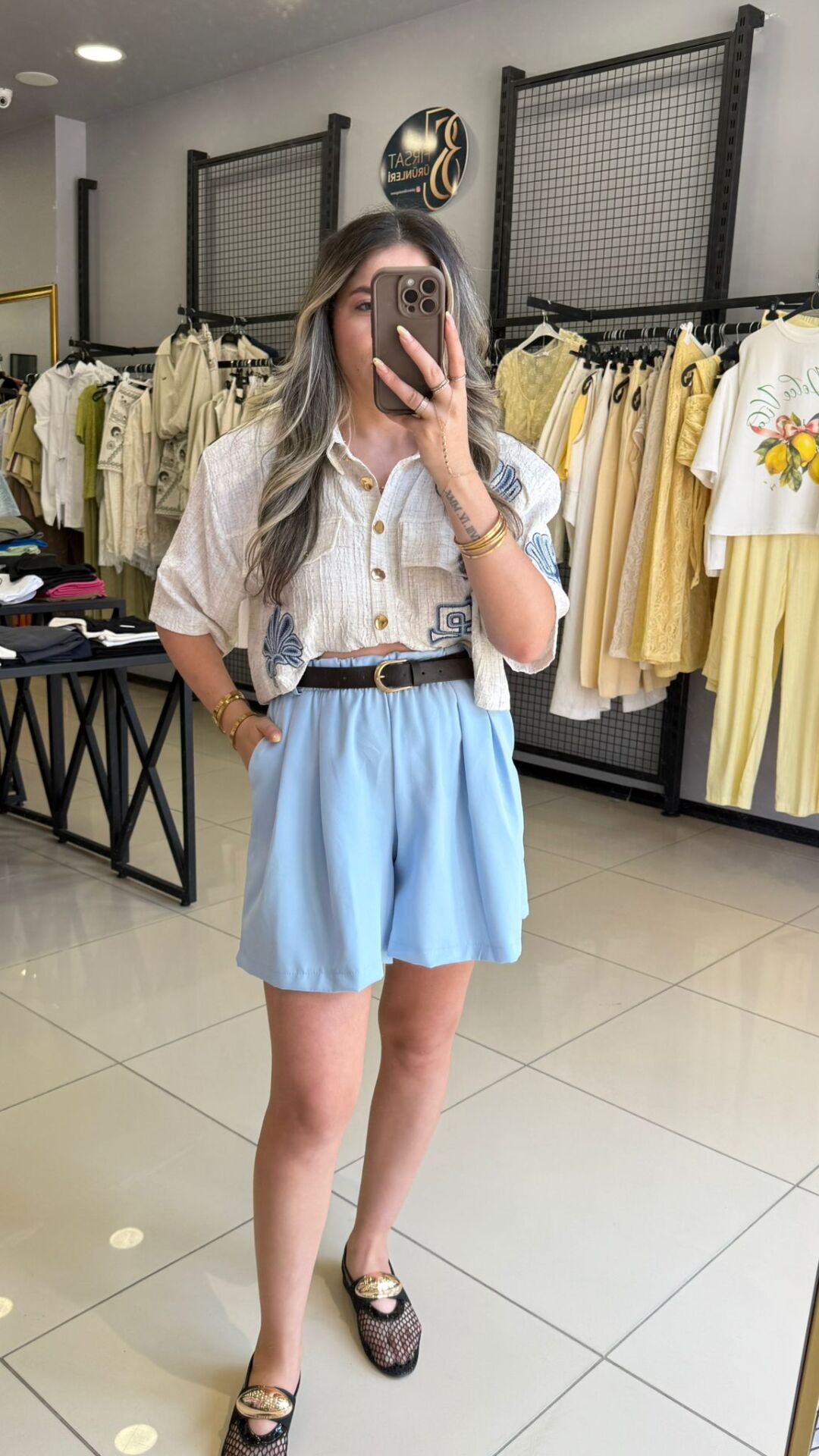 Kendinden kemerli Beli Lastikli Şort-MAVİ