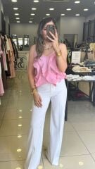 Fırfırlı Keten Bluz-PEMBE