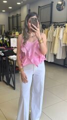 Fırfırlı Keten Bluz-PEMBE