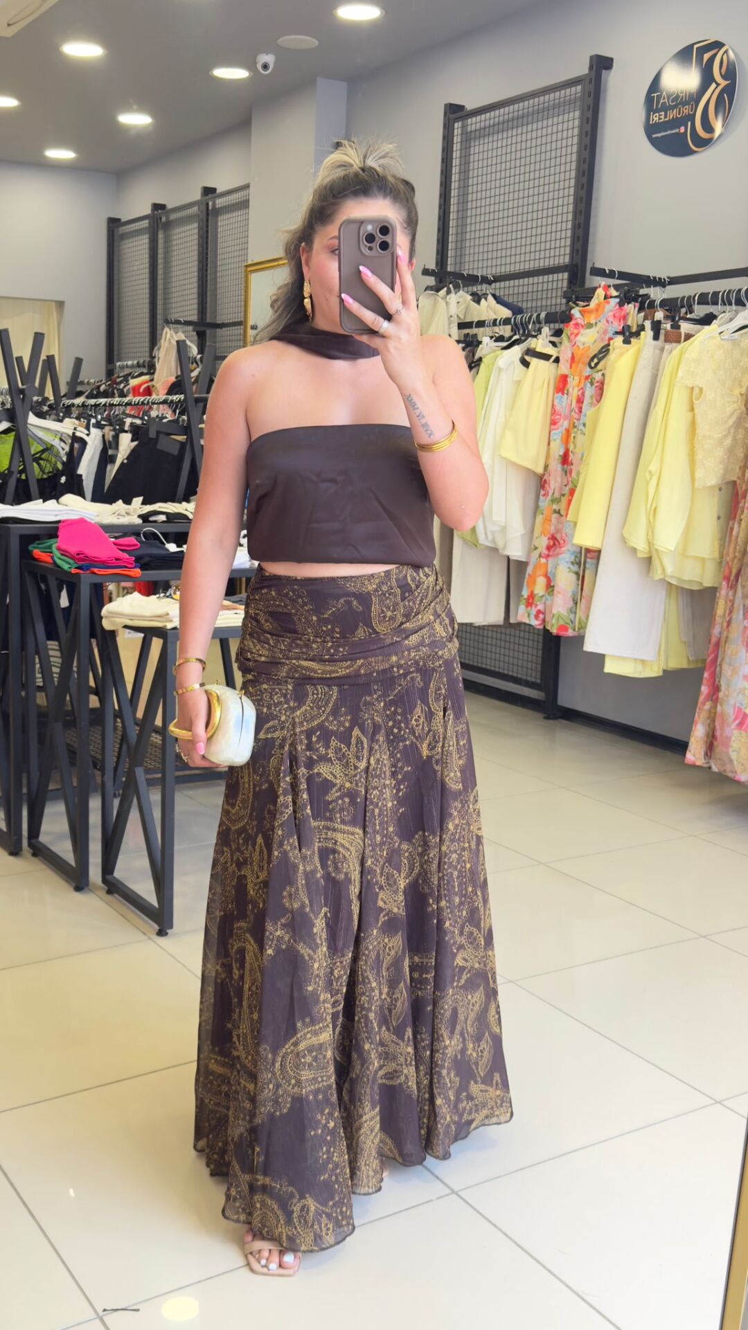 Şal Desenli Özel Kumaş Drapeli Etek