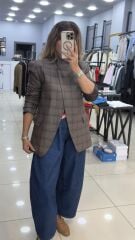 Ekose Tek Düğmeli  Blazer Ceket
