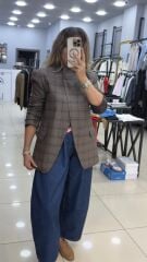 Ekose Tek Düğmeli  Blazer Ceket