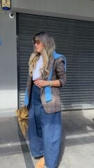 Ekose Tek Düğmeli  Blazer Ceket