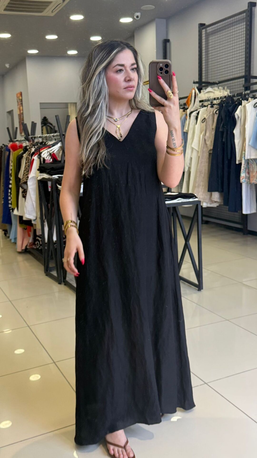 Keten Maxi Cepli Elbise-SİYAH