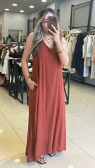 Keten Maxi Cepli Elbise-BORDO