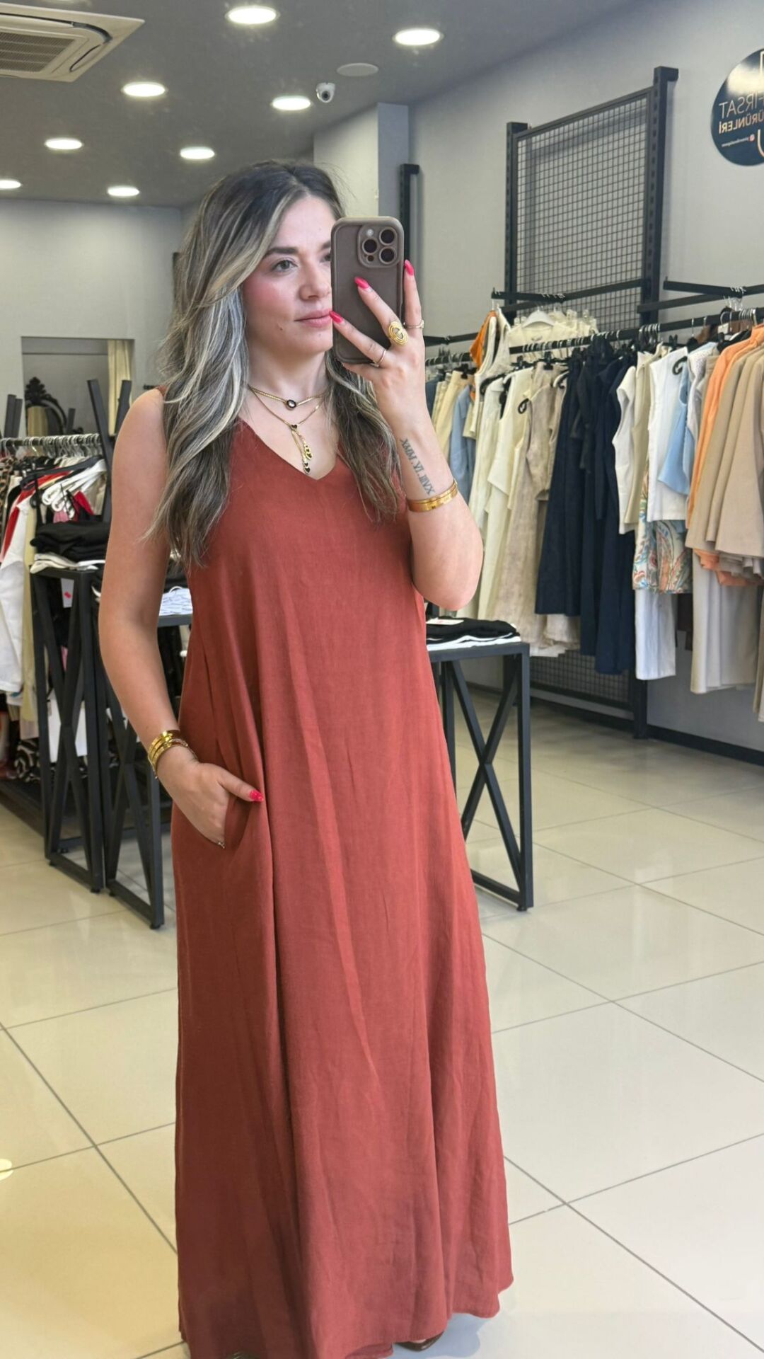 Keten Maxi Cepli Elbise-BORDO