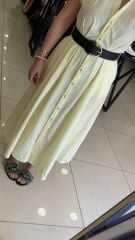 Kemerli Poplin Elbise-SARI