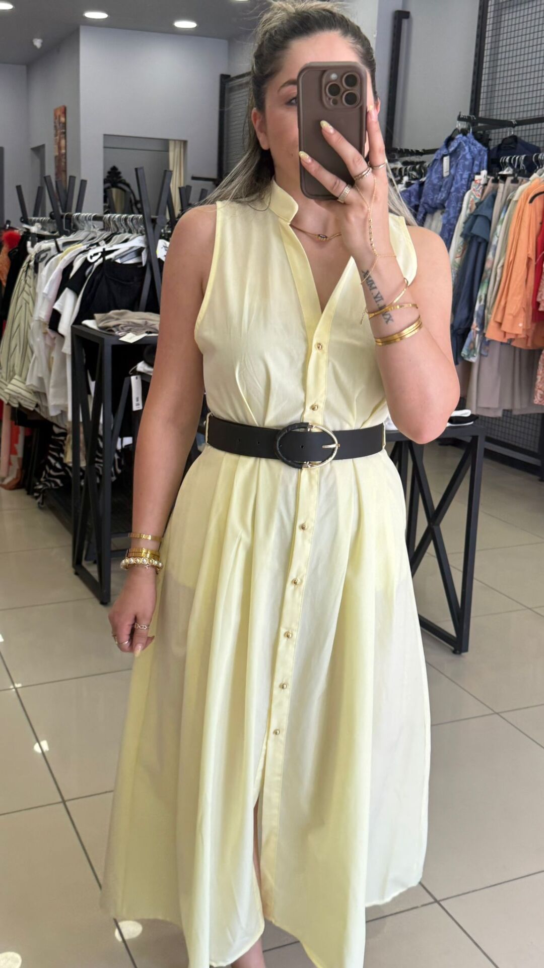 Kemerli Poplin Elbise-SARI