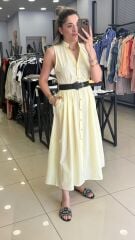 Kemerli Poplin Elbise-SARI