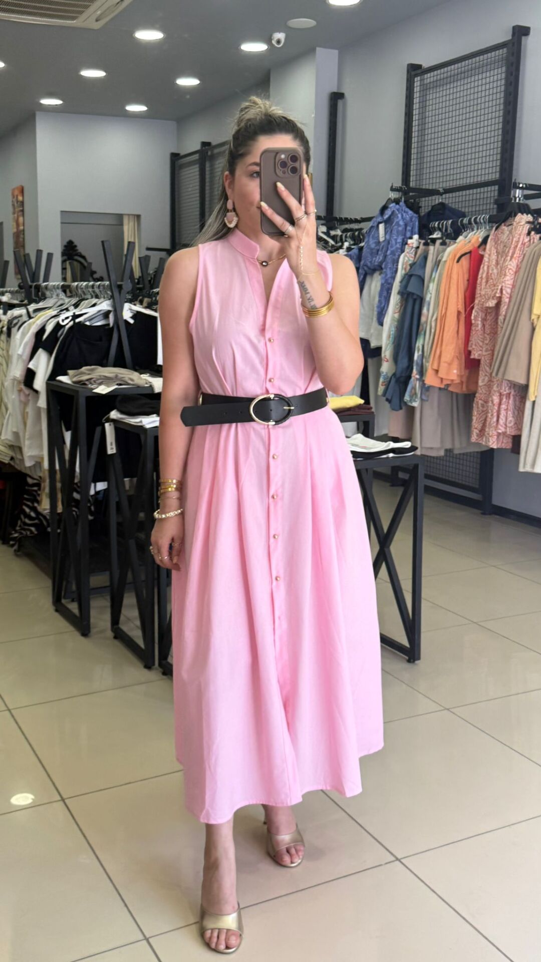 Kemerli Poplin Elbise-PEMBE