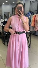 Kemerli Poplin Elbise-PEMBE