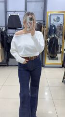 Taşlı Düşük Omuzlu Bluz-BEYAZ