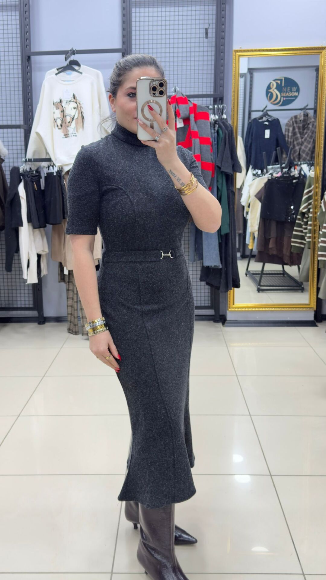 Triko Kendinden Kemerli Elbise