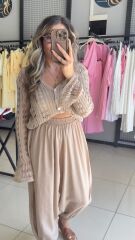 Kolları İspanyol Tasarım Triko Hırka-BEJ