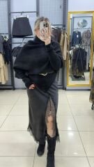 Dantelli Saten Siyah Etek