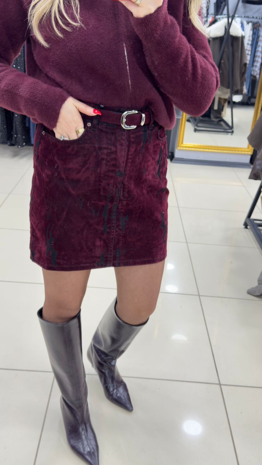 Batik Desen Kemerli Kot Etek-BORDO