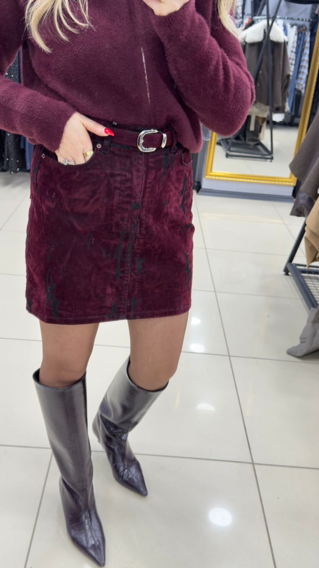 Batik Desen Kemerli Kot Etek-BORDO