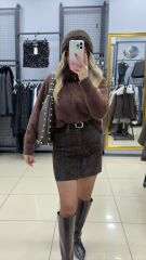 Batik Desen Kemerli Kot Etek-KAHVE