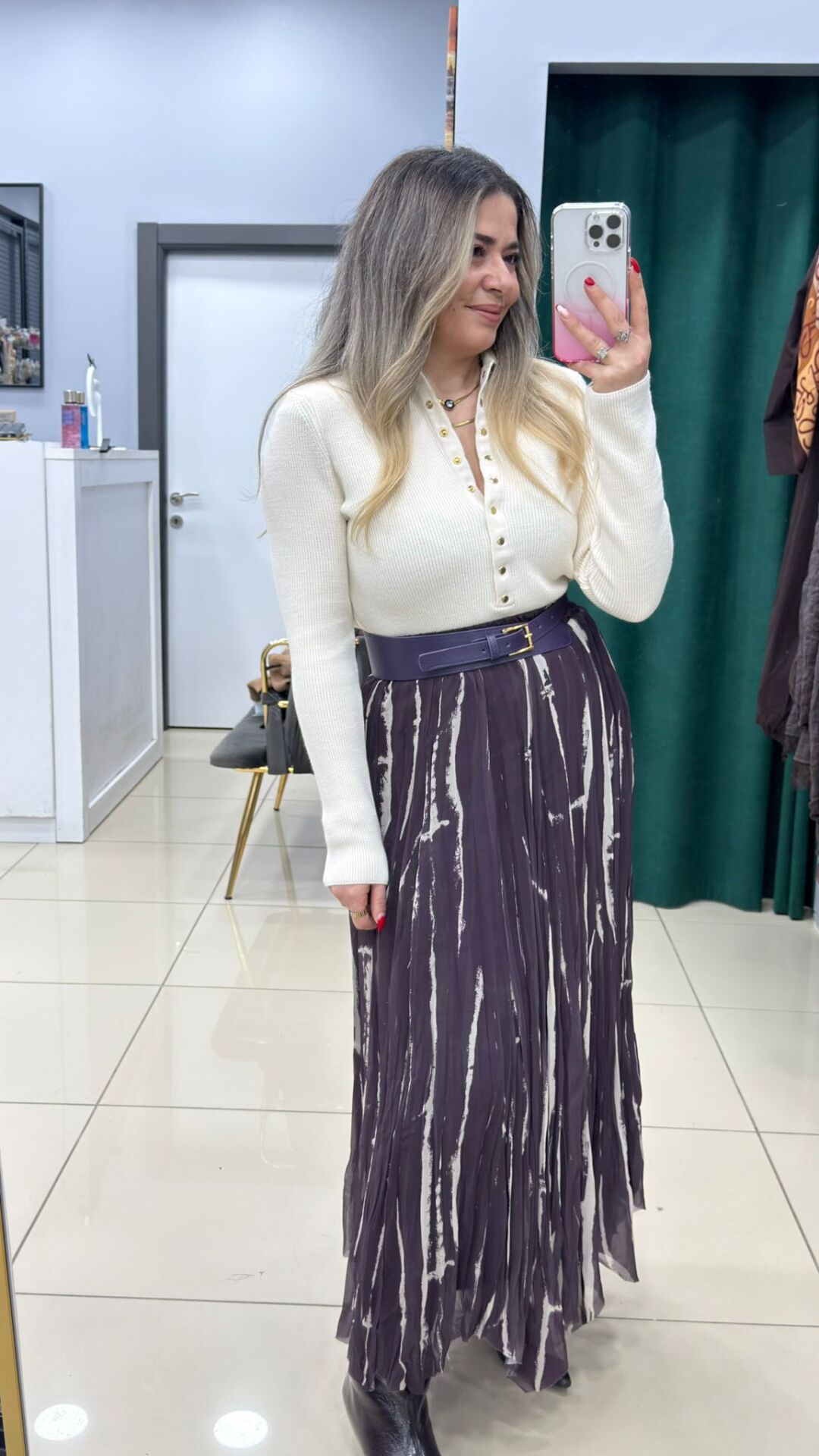 Kendinden Kemerli Batik Desen Etek-MOR