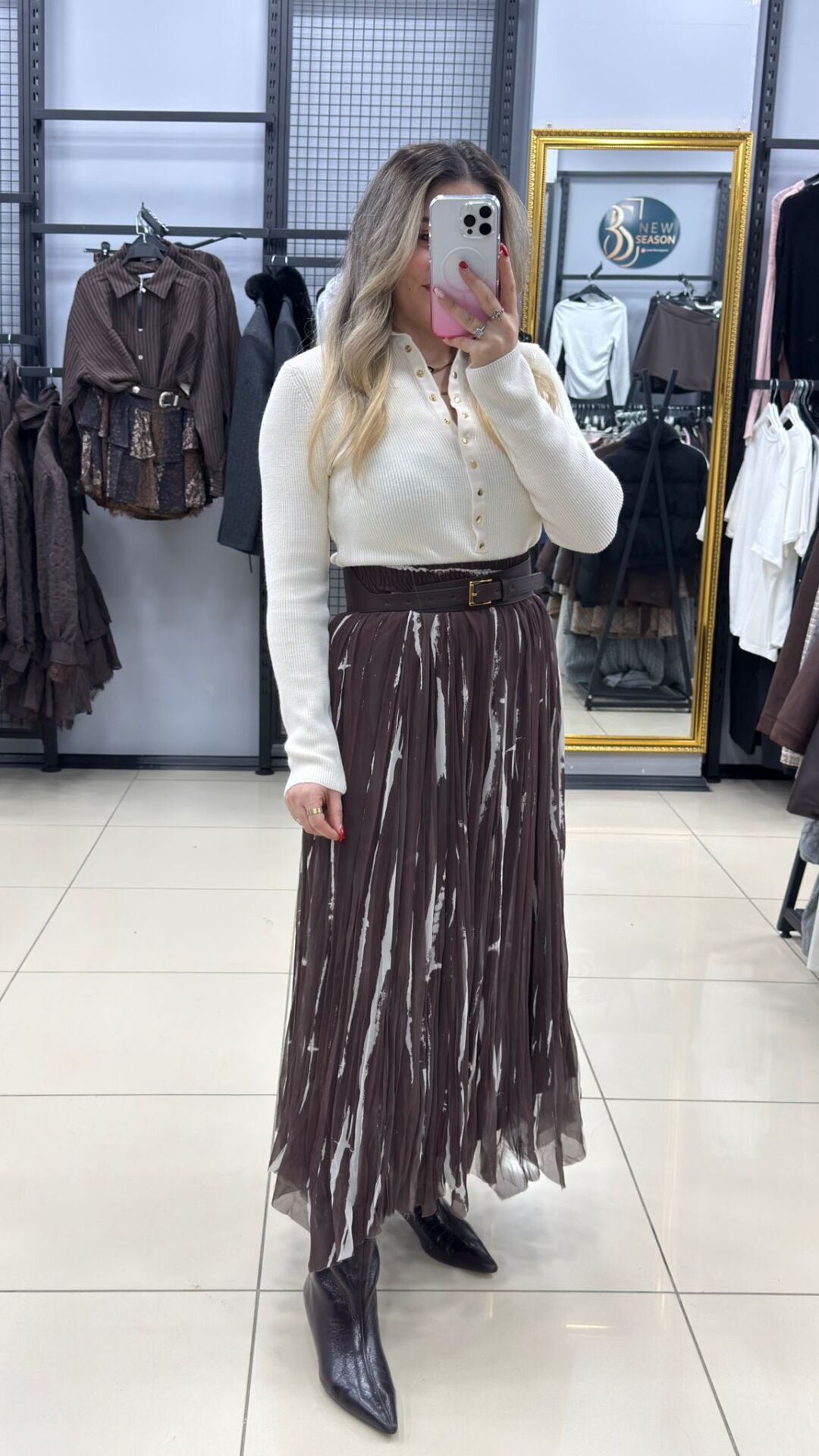 Kendinden Kemerli Batik Desen Etek-KAHVE