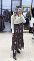 Kendinden Kemerli Batik Desen Etek-KAHVE