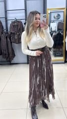 Kendinden Kemerli Batik Desen Etek-KAHVE